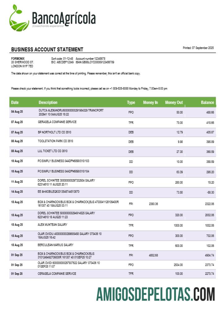 Baixável Banco Agrícola Extrato de Conta Empresarial Modelo Word e PDF